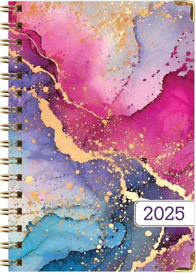 HARDCOVER 2025 Planner, 5.5"x8": 14 Months (November 2024 - December 2025), Daily Weekly Monthly Planner, Yearly Agenda, Bookmark, Pocket Folder and Sticky Note Set (Rainbow Gold Marble)