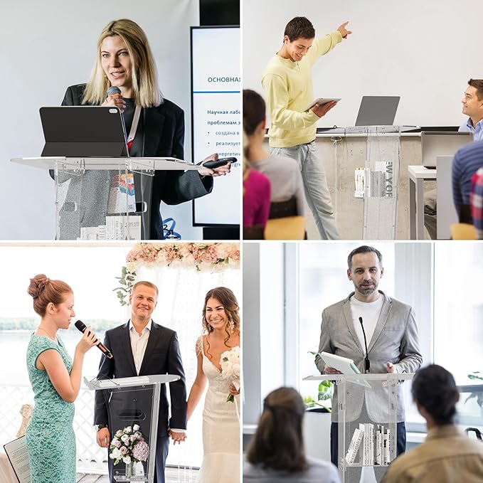Acrylic Podium Stand,49“ Tall Portable Podium with Lockable Wheels, Clear lecterns & Podium with Storage Shelf for Classroom, Pulpit Podium for Church,Wedding,Presentation