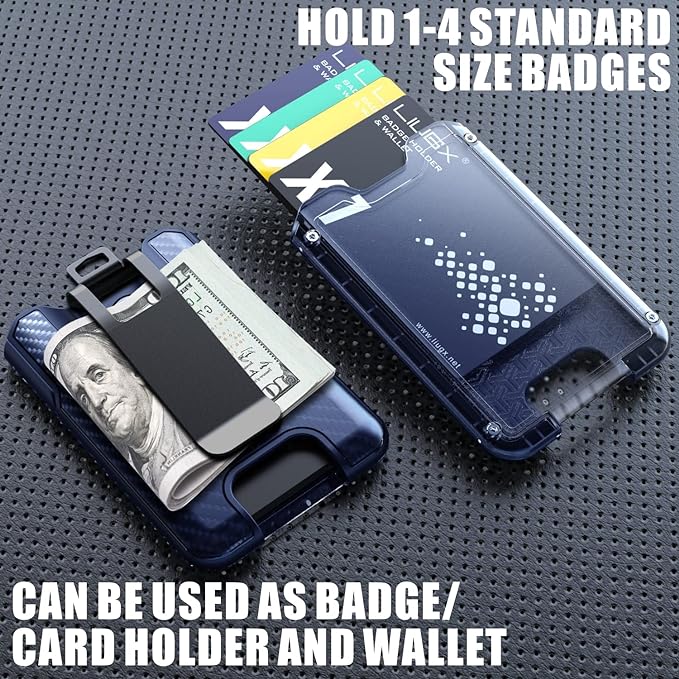 LIUGX Badge Holder, ID Card Holder with Metal Clip - Durable Polycarbonate (Holds 1 to 4 Cards), Portable Wallet for Office, Laborer, Police, Work, Dark Blue