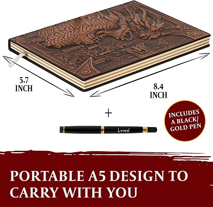 DND Notebook / Journal, Unique 200 Page Book with 3D Bronze Dragon Embossed Faux Leather Cover with Pen- Ideal for Dungeons & Dragons / D&D. Great RPG Accessories Gift for DM's & Players, Men or Women