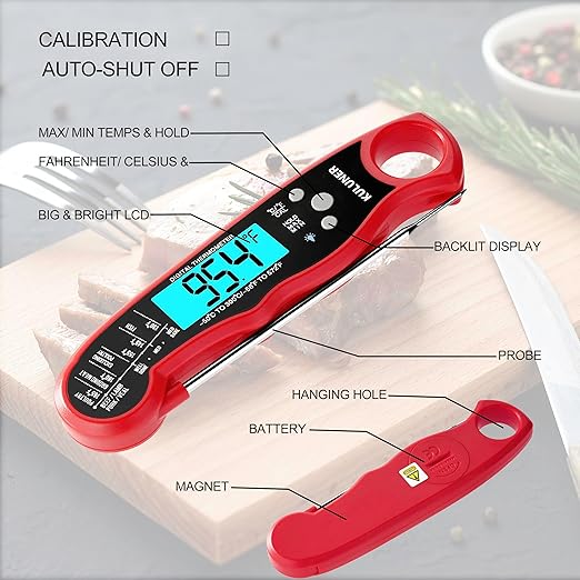 TP-01 Waterproof Digital Instant Read Meat Thermometer with 4.6 Folding Probe Backlight Calibration Function for Cooking Food Candy, BBQ Grill, Liquids,Beef(Red)