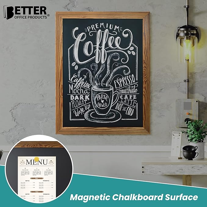 Better Office Products Magnetic Wall Chalkboard, Large Size 18" x 24", Rustic Wood Frame, Chalkboard Sign, Vertical or Horizontal Wall Mount, Includes Chalk and Eraser,(Rustic Brown)