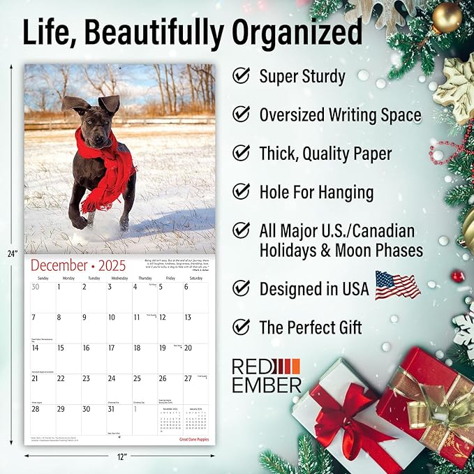 RED EMBER Great Dane Puppies 2025 Wall Calendar 12 Month | 12" x 24" Open | Thick & Sturdy Paper | Giftable | Calendar 2025