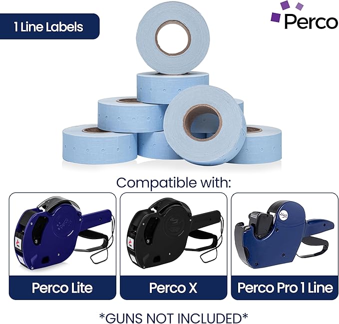 Perco 1 Line Blue Labels - 80 Rolls, 10 Sleeves, 80,000 Blank Price and Date Gun Labels for Perco 1 Line Price and Date Guns - Made in USA