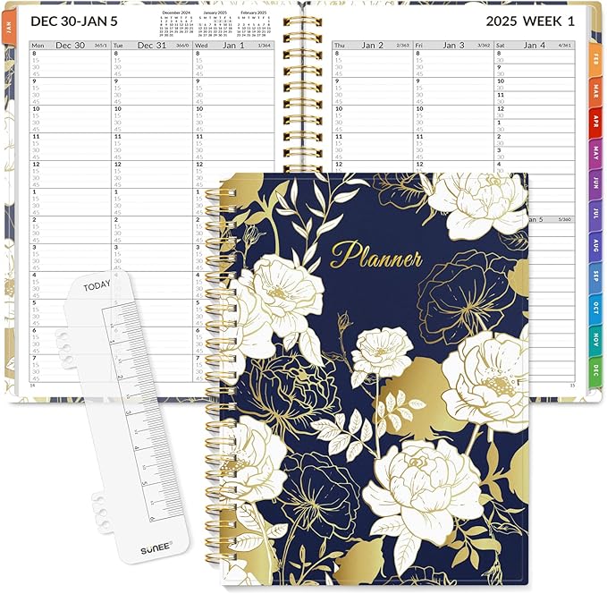 SUNEE 2025 Appointment Book, Quarter-Hourly, Weekly & Monthly - from January 2025 - December 2025, 6.4"x8.3" Flexible Cover, Notes, Pockets, Bookmark, Spiral Binding, Vintage Floral