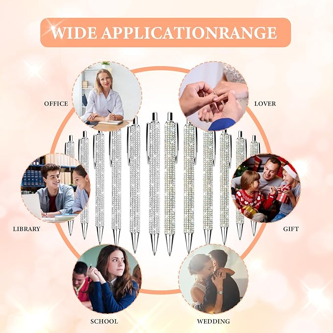 20Pcs Rhinestone Metal Ballpoint Pens Bling Pens Bulk Fancy Sparkly Crystal Diamond Pens Press Retractable Black Ink 0.7mm For Women Office Meeting Birthday Supplies Wedding Gifts