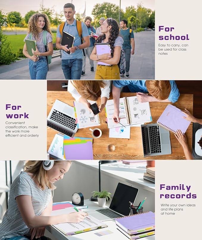 Hardcover Spiral Notebook journal with Removable Dividers Tabs, 300 Pages Leather 5 Subject Notebook College Ruled, 8"x10" Large B5 Notebooks for Work School Note taking,Lined Journal for Women,Purple