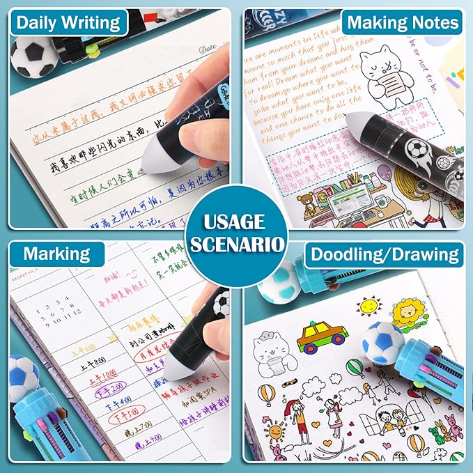 Multicolor Ballpoint Pen 0.7 mm, 10-in-1 Colored Pens Fine Point Retractable World Cup Soccer Ballpoint Pens for Office School Supplies Students Kids Gifts, 6 Pack