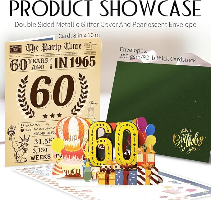Funny 60th Birthday Card for Women Men, 3D Pop Up 60th Birthday Decorations for Her Him, Happy 60th Birthday Gifts for Mom Dad, Jumbo 60 Year Old Birthday Card, Classy (8''x10'')