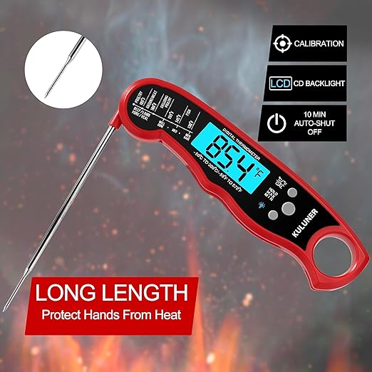 TP-01 Waterproof Digital Instant Read Meat Thermometer with 4.6 Folding Probe Backlight Calibration Function for Cooking Food Candy, BBQ Grill, Liquids,Beef(Red)