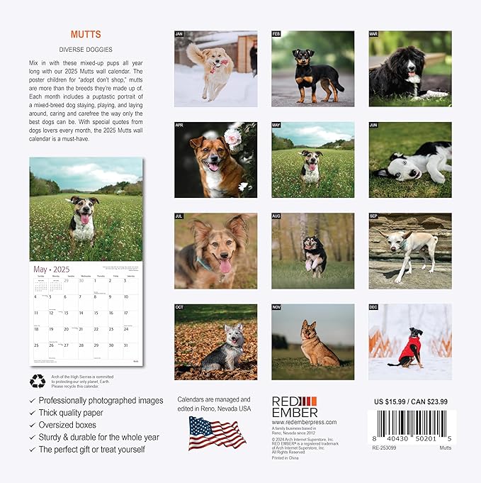 RED EMBER Mutts 2025 Wall Calendar 12 Month | 12" x 24" Open | Thick & Sturdy Paper | Giftable | Calendar 2025