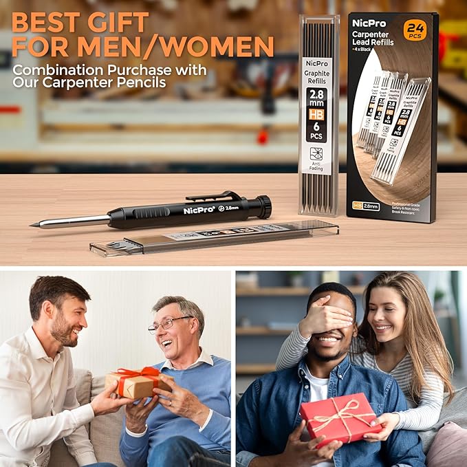 Nicpro 24 Pieces Carpenter Pencil Lead Refills 2.8mm, Lead Refill for Mechanical Carpenter Pencil, Break Resistant 2.8 mm Leads for Construction Pencils, Woodworking Pencil (Black)