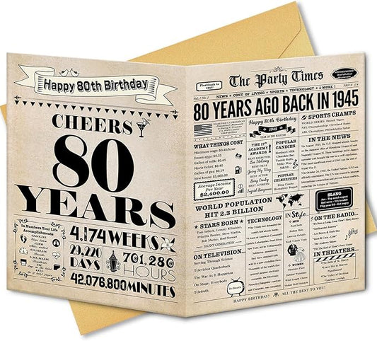 80th Birthday Card, 80th Birthday Decorations for Women Men, 80th Birthday Gifts for Dad Mom, Back in 1945 Birthday Card