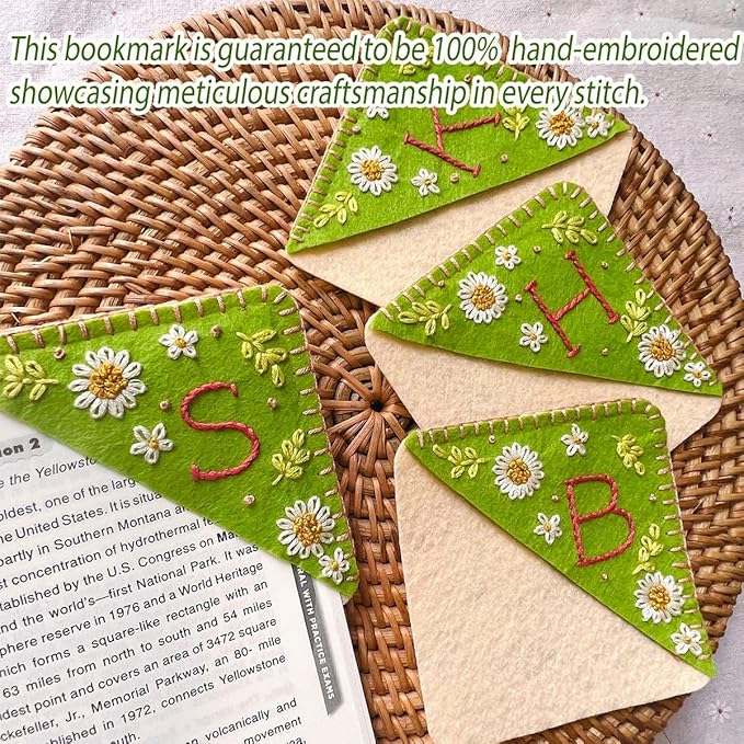Personalized Hand Embroidered Corner Bookmark, Bookmarks for Women, Personalized Bookmark for Book Lovers, Cute Flower Book Mark by HNQCPCVU (V, Green)