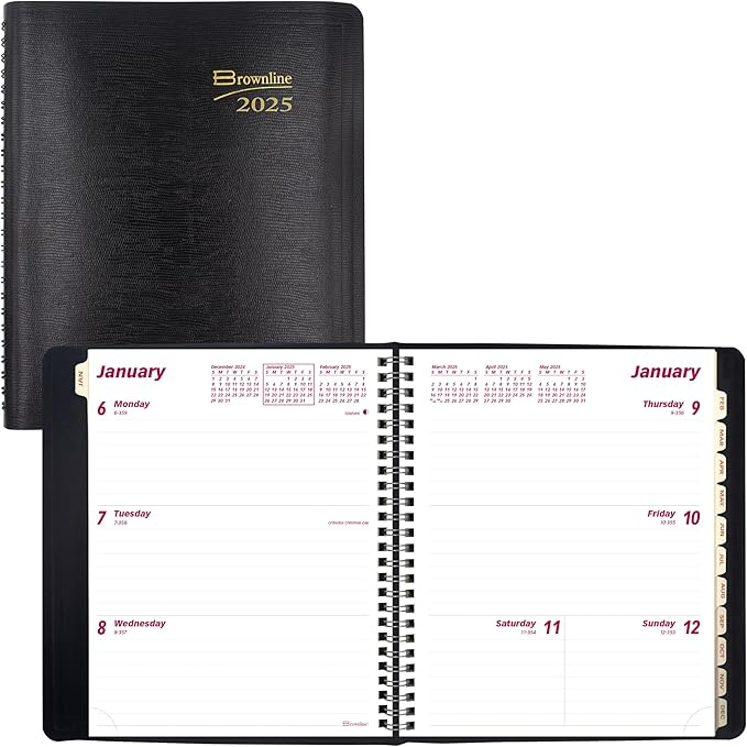 Brownline® 2025 Essential Weekly/Monthly Planner, 12 Months, January to December, Twin-Wire Binding, 8.5" x 6.75", Black (CB850.BLK-25)