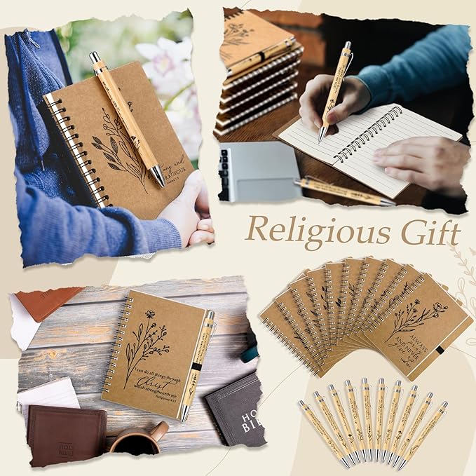 40 Pcs Bible Verse Spiral Notebook with Bamboo Christian Ballpoint Pens Aesthetic Religious Notepads Inspirational Journals Easter Christian Gifts for Women Men Office (Classic Style)