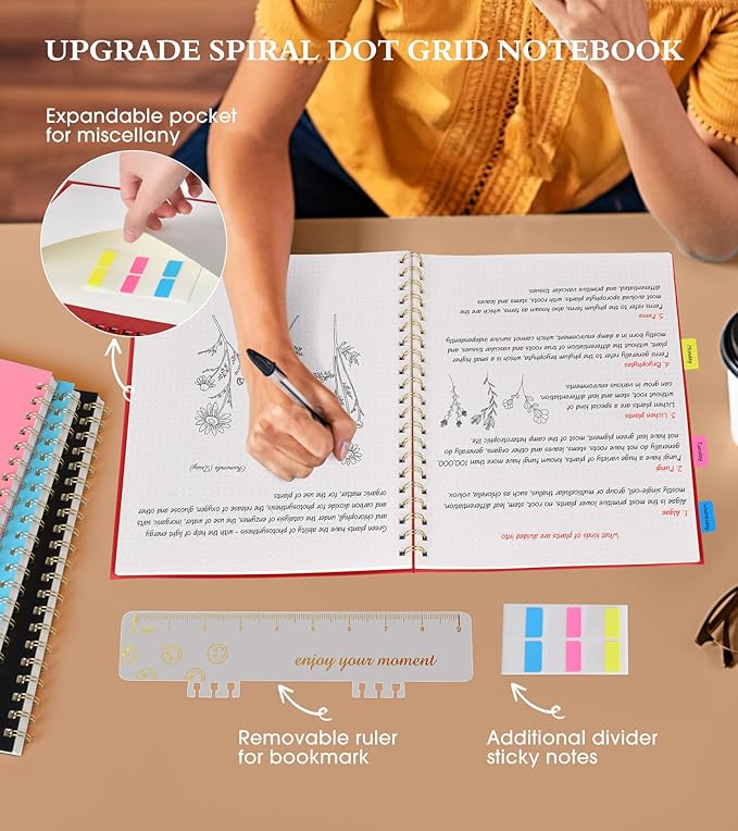 Dotted Notebook, Spiral Notebook Journal 8.5” x 11”, A4 Large Dot Grid Notebooks for Women Men, 100 GSM Dotted Paper, Plastic Hardcover Spiral Bullet Dotted Journals for Work School Sketching, Red