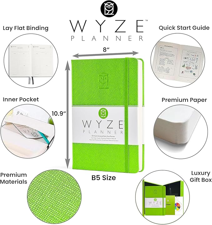Pro - Goal Setting Planner to Increase Productivity and Achieve Personal and Business Goals. 12 Month Undated Daily, Weekly and Monthly Journal Organizer with Calendar (Lime Green)