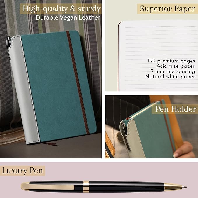 SETTINI® Lined Journal - Sleek Teal Journal for Writing Gift Set - Hardcover Vegan Leather, Includes Luxury Pen in a Unique Pen Holder, 192 Pages, 6 x 8.5 inches, Birthday Gifts