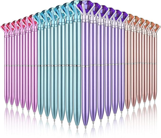 24 Pieces Big Crystal Diamond Pens Bling Ballpoint Pen Black Ink Rhinestones Pen for School Office Supplies Christmas Wedding Birthday Present, 4 Colors(Simple Style)