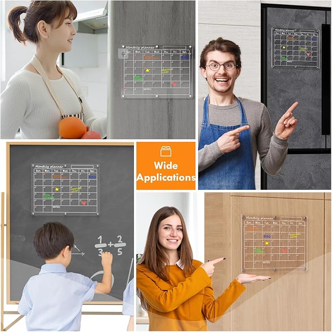 Magnetic Acrylic Calendar for Fridge,3 Pack 12"x16" Clear Fridge Calendar Dry Erase Magnetic Planning Boards Set Includes 6 Colorful Highlight Markers,Magnetic Pen Holder and Erase Towel