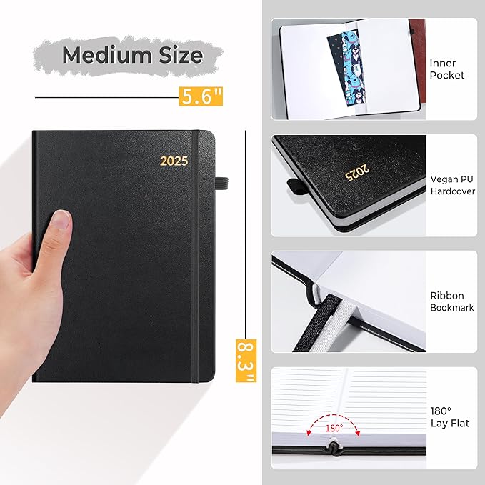 SUNEE 2025 Weekly & Monthly Hardcover Planner 5.5" x 8.3" - 12 Month (January 2025 - December 2025), Small Hardcover Planner, Pocket, Notes, 100 GSM Paper, Black