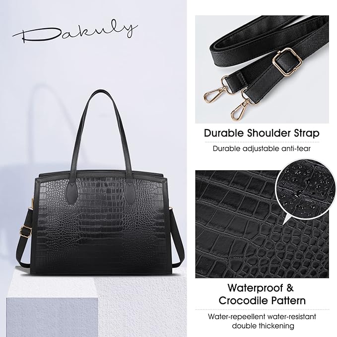 Laptop Bag for Women 15.6 Inch Laptop Tote Bags PU Leather Lightweight Womens Computer Bag Office Shoulder Bag Handbag Large Capacity Fashion Work Briefcase Bag 2PCs Black Crocodile Pattern