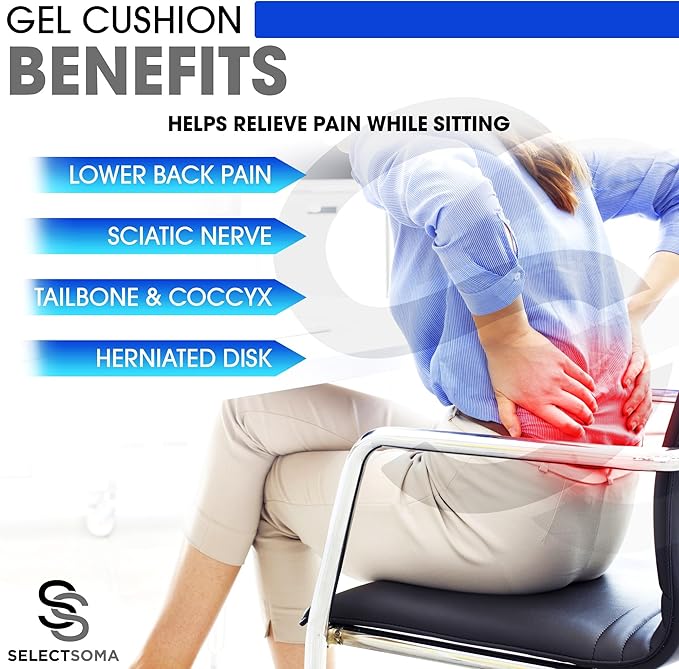 SelectSoma Large Gel Seat Cushion for Desk Chair - Pressure Relief for Back, Sciatica, Coccyx, and Tailbone Pain While Long Sitting – Wheelchair Cushion - Chair Pad for Cars and Trucks