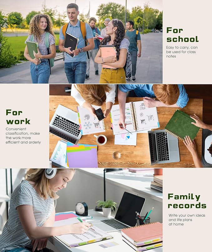 Hardcover Spiral Notebook journal with Removable Dividers Tabs, 300 Pages Leather 5 Subject Notebook College Ruled, 8"x10" Large B5 Notebooks for Work School Note taking, Lined Journal for Women,Green