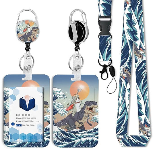 Funny Surfing Cat Badge Holder with Retractable Reel and Breakaway Lanyard,Badge Clips Retractable Heavy Duty Badge Reel,ID Holder with Breakaway Lanyard for School Nurse Office Teen