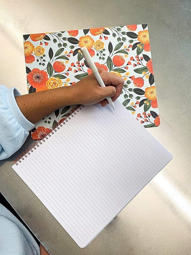 Steel Mill & Co Cute Large Spiral Notebook College Ruled, 11" x 9.5" with Durable Hardcover and 160 Lined Pages, Orange Floral