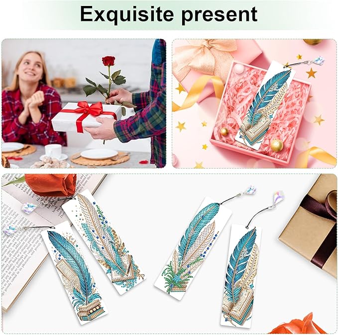 4-Piece 5D Diamond Painting Bookmarks Set, DIY Craft Kit with Rhinestones – Creative Artistic Peacock Feather Design, Diamond Art Craft Bookmarks with Tassels for Adults, Perfect for Gifts