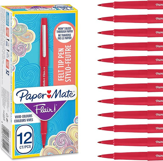 Paper Mate Flair Felt Tip Pens | Medium Point (0.7 mm) Marker Pens | Red Pens | for Writing, Marking, Drawing & Sketching | 12 Count