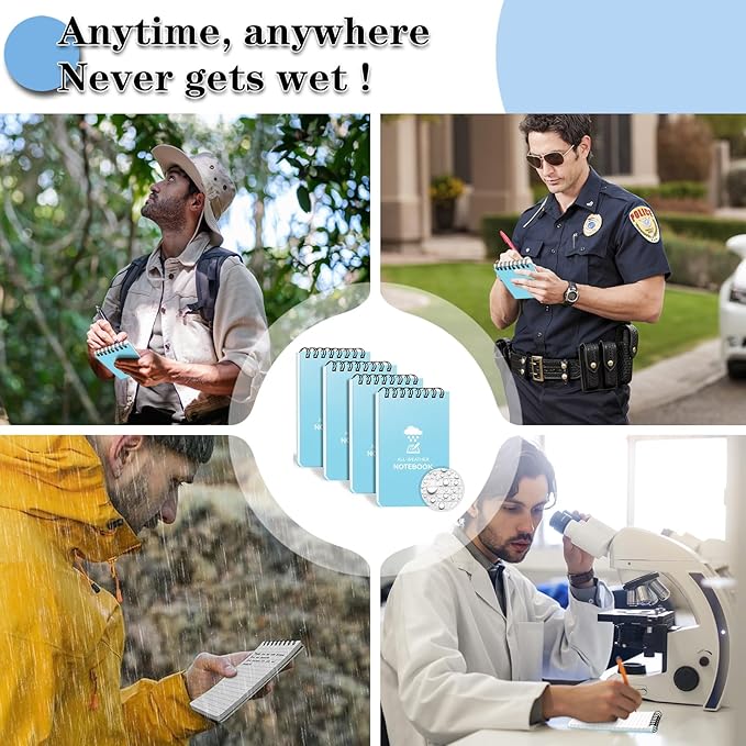 Waterproof Notebook, 4 Pack Top-Spiral Pocket Notepad, 3" x 5" Weatherproof NotePad, All Weather Police Pocket Notebook Little Memo Steno Note Pads for Outdoor Office School Recording, Black