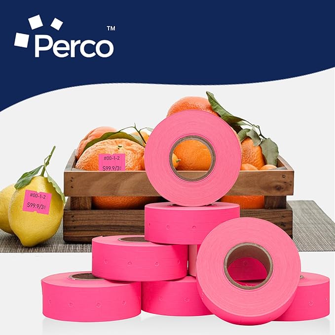 Perco 2 Line Fluorescent Pink Labels - 80 Rolls, 10 Sleeves, 80,000 Blank Price and Date Gun Labels for Perco 2 Line Price and Date Guns - Made in USA