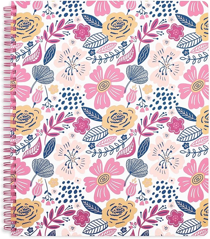 Steel Mill & Co Cute Large Spiral Notebook College Ruled, 11" x 9.5" with Durable Hardcover and 160 Lined Pages, Mosaic Floral