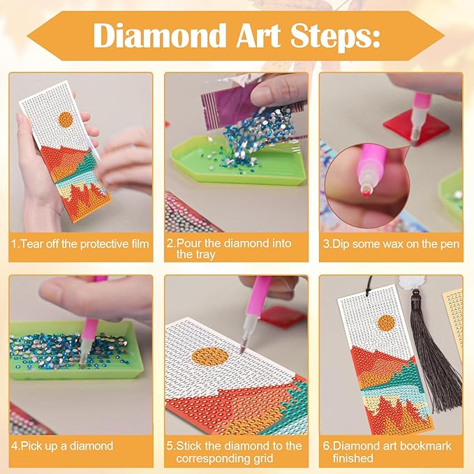 Anseal 3 Pcs 5D Diamond Bookmarks Painting for Book Lovers, PU Leather Fall Diamond Art DIY Bookmark for Women Girls, Tassel Beaded Book Mark for Graduation Birthday Reading Present