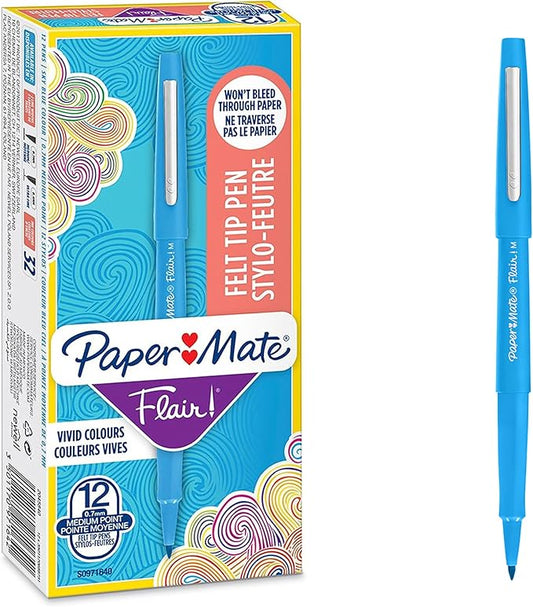 Paper Mate Flair Felt Tip Pens | Medium Point (0.7mm) | Sky Blue | 12 Count