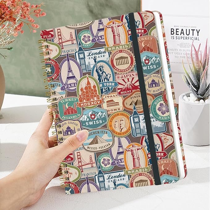 Spiral Notebook - A5 Spiral Notebooks, 8.3'' × 5.8'', 160 Pages, Aesthetic Journaling Notebooks for Women, College Lined Notebook with Elastic Closure, Back Pocket, for School Office, stampB