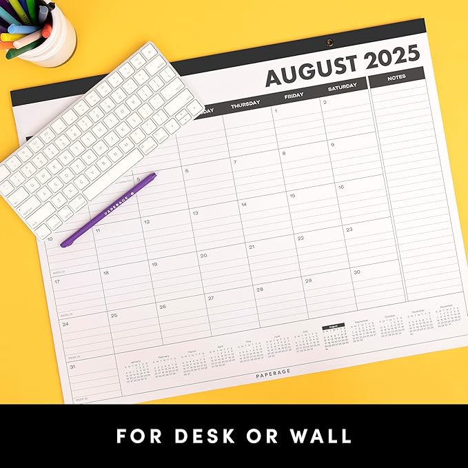 PAPERAGE Calendar 2025-12 Month (Black), Minimalist Wall and Desk Calendar with Monthly Views and Yearly Plans – Large (17 in x 22 in)