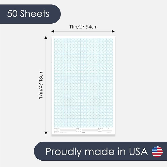 11" x 17" Isometric Graph Paper 50 Sheets Portrait - 0.25" Grid, Non-photo Blue, High Brightness, Drafting, Engineering, Art, 3D Design (1-Pack)