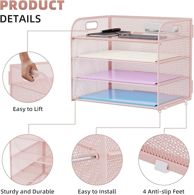 Marbrasse 4 Tier Paper Organizer Letter Tray - Mesh Desk File Organizer with Handle, Paper Sorter Organizer for Letter/A4 Office File Folder Holder (Pink, 12.6" x 9.1" x 10.7")