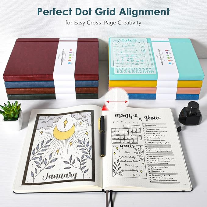 Bullet Dotted Journal, Large A4 Hardcover Leather Journal, 312 Numbered Pages Thick Journal, 100gsm No Bleed Paper Dot Grid Notebook for Women Men, 8.5'' × 11'', Grey Blue