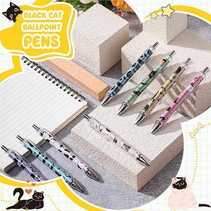 Ireer 8 Pcs Ballpoint Pens for Women 1.00 mm Cute Black Ink Fancy Pens Fine Point Smooth Writing for Journaling Aesthetic Office Supplies (Black Cat)