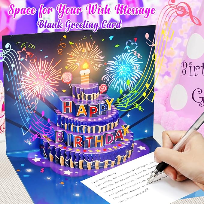 Fireworks Birthday Cards, 3D Pop Up Blowable Cake Greeting Cards with Lights Music, Happy Birthday Gifts for Women Men Kids Mom Dad Grandma