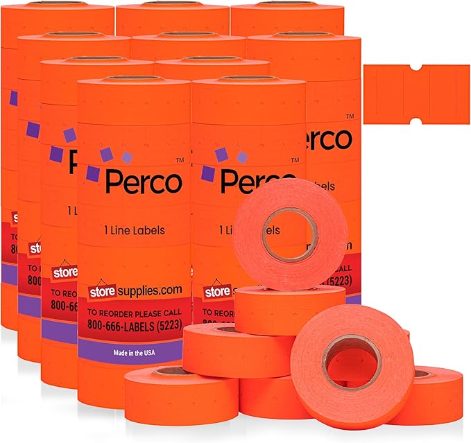 Perco 1 Line Fluorescent Red Labels - 80 Rolls, 10 Sleeves, 80,000 Blank Price and Date Gun Labels for Perco 1 Line Price and Date Guns - Made in USA