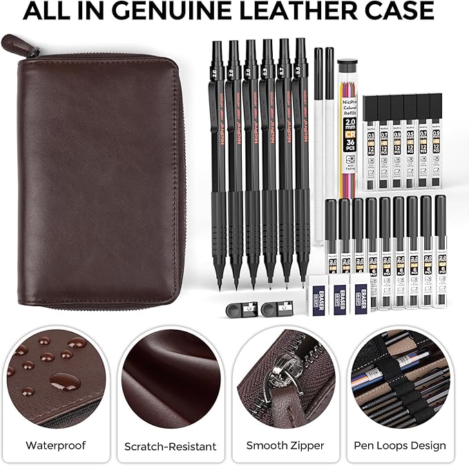 Nicpro 30PCS Black Metal Mechanical Pencil Set in Leather Case, Art Drafting Pencil 0.5, 0.7, 0.9 mm, 2mm Lead Pencil Holders for Sketching Drawing With 16 Tube (6B 4B 2B HB 2H 4H Colors)Lead Refills