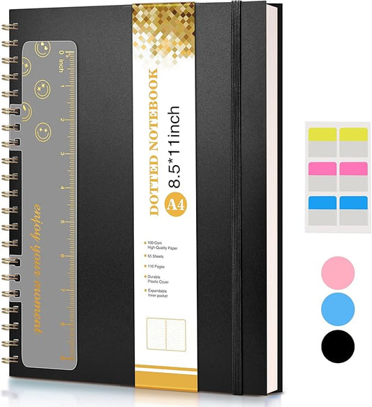 Dotted Notebook, Spiral Notebook Journal 8.5” x 11”, A4 Large Dot Grid Notebooks for Women Men, 100 GSM Dotted Paper, Plastic Hardcover Spiral Bullet Dotted Journals for Work School Sketching, Black