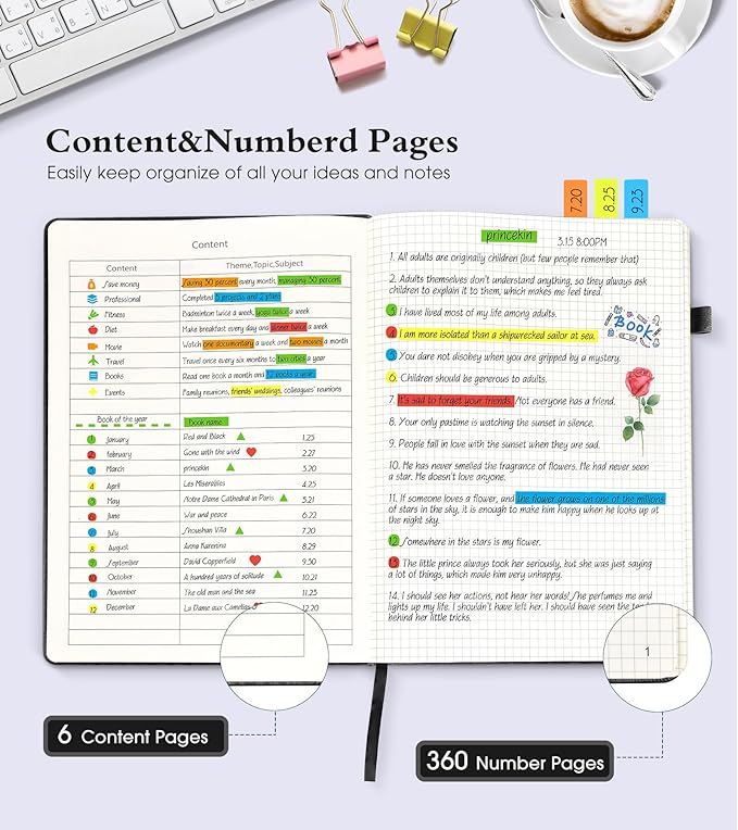 Graph Paper Notebook Journal,360 Numbered Pages Grid Notebooks,Thick 100gsm Graphing Paper Notebook Journal for Writing Women Men, A5 Large Hardcover Leather Graph Notebook 5.75''× 8.38''Black