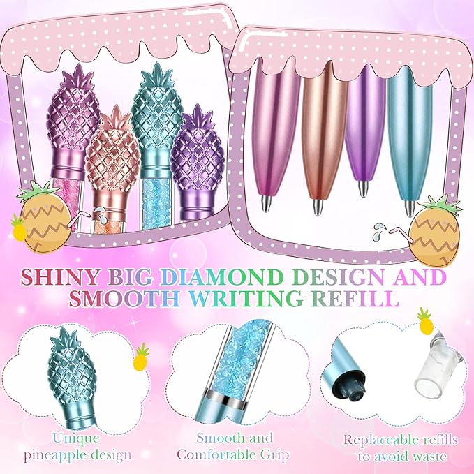 24 Pieces Big Crystal Diamond Pens Bling Ballpoint Pen Black Ink Rhinestones Pen for School Office Supplies Christmas Wedding Birthday Present, 4 Colors(Pineapple Style)